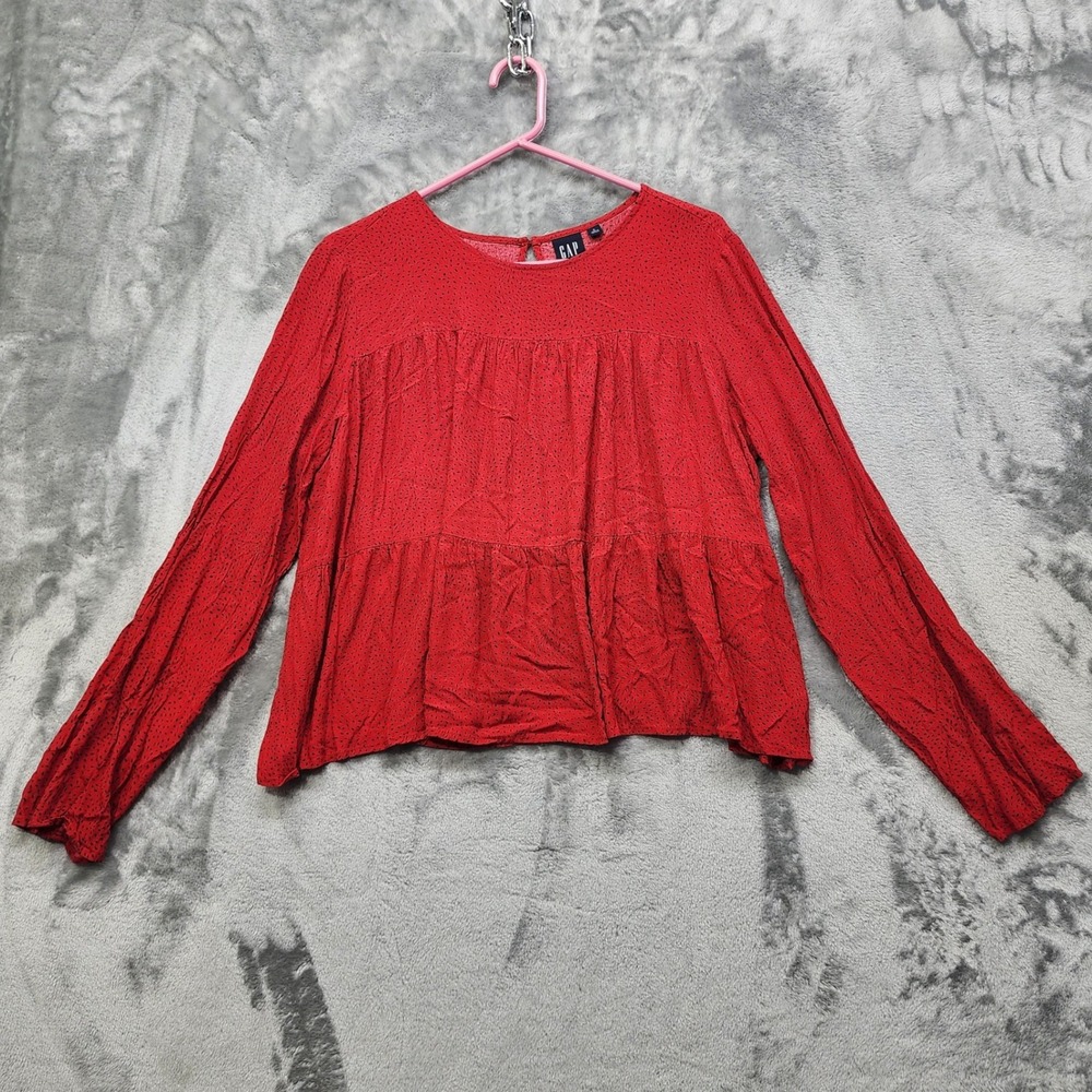 GAP Top Womens L Red Black Dash Print Long‎ Sleeve Tiered Blouse Rayon Flowy